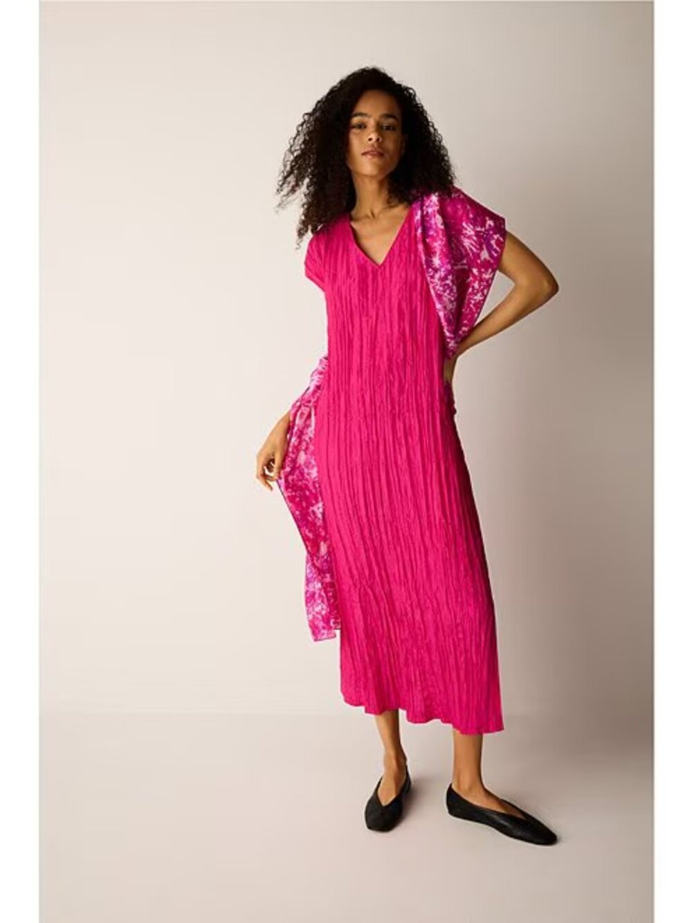 NWT Eileen Fisher Crushed Silk V-Neck Midi Dress Wild Orchid Fuchsia | Size M
